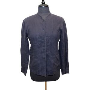 B0 NEW EILEEN FISHER Collarless Navy Blue Cotton Button Up Light Boxy Jacket XS